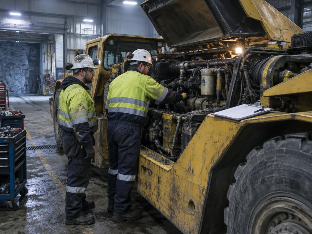 Two mechanics inspecting a mine loader engine bay with a fresh work order on the fender