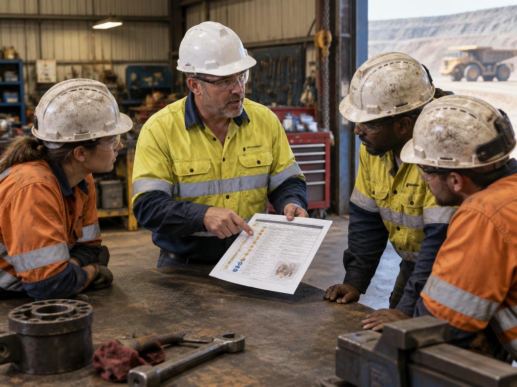 A maintenance supervisor pointing at a plan sheet while reviewing it with his crew